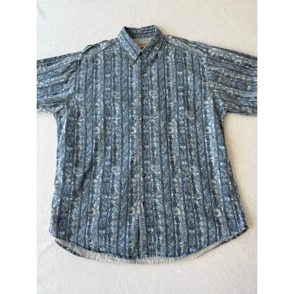 Vintage Woolrich Men XL Camp Shirt Button Up All Over Fish Pattern Short Sleeve - Picture 1 of 7